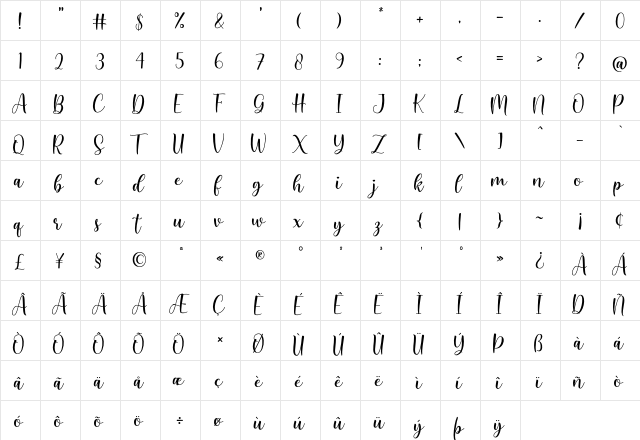 Masthina Regular  glyph index