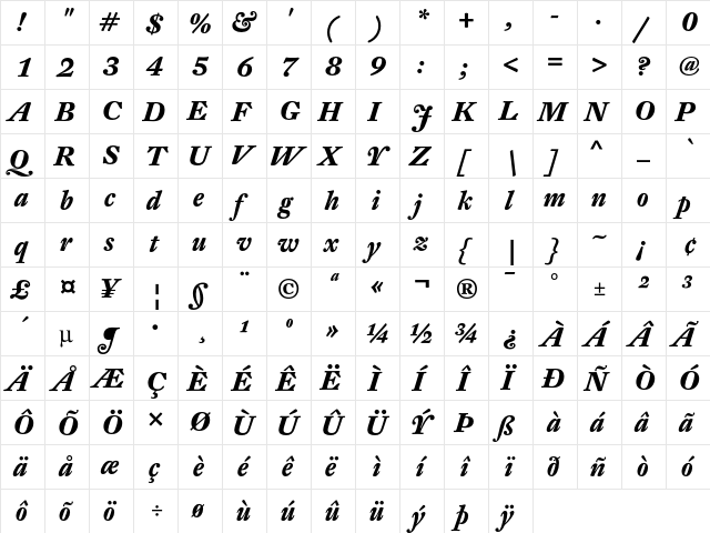 DTL Fleischmann T Bold Italic  glyph index