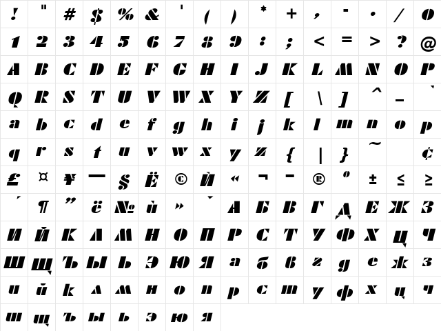 ShablonExt Oblique  glyph index