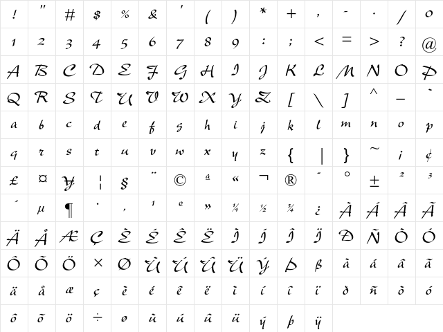 New Berolina MT Regular  glyph index