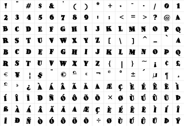 PleasinglyPlump Regular  glyph index