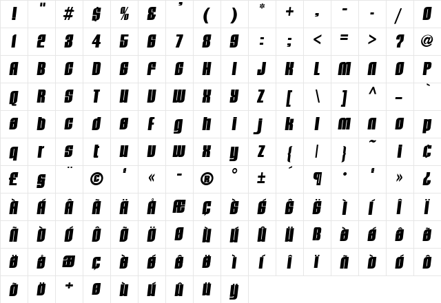 TFCavalier Regular  glyph index
