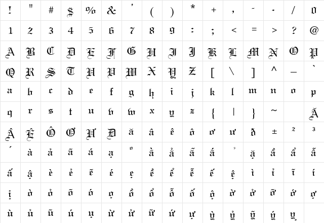 .VnLincoln Regular  glyph index