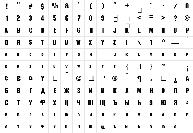 Machine Regular  glyph index