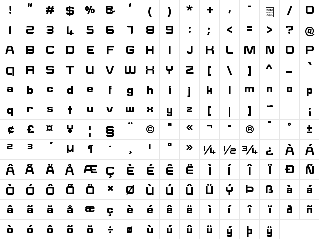 E-SQUARE Regular  glyph index