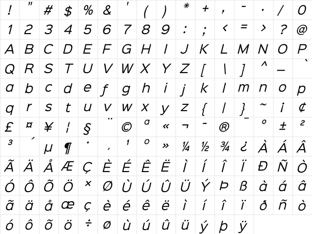 Sinkin Sans 400 Italic Italic  glyph index