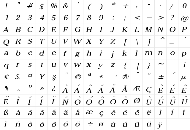 Chelsey Wide Italic  glyph index