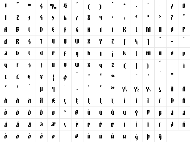 Traveller Bold  glyph index