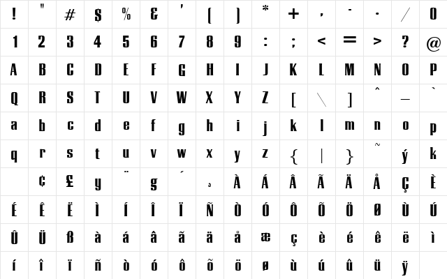 Essex Regular  glyph index