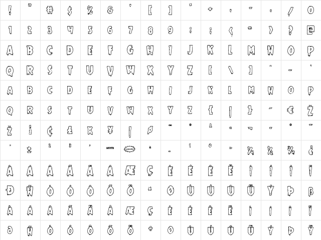 Mrs. Monster Bold Outline Regular  glyph index