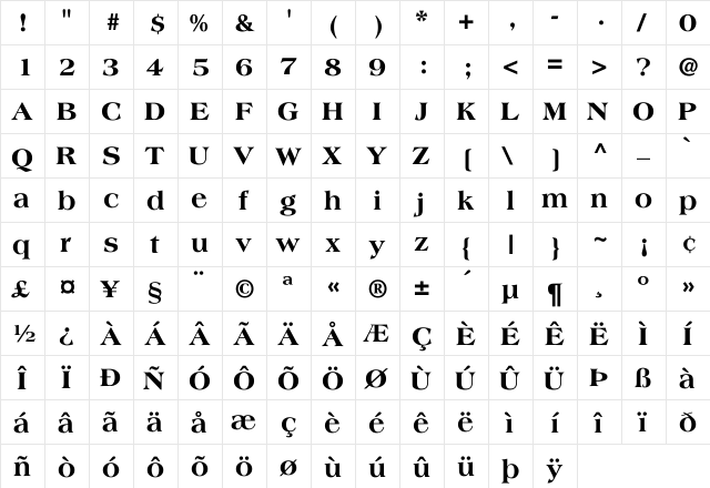 Americana-ExtraBold Regular  glyph index