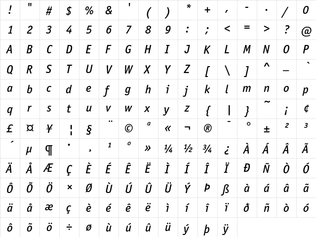 OfficinaSansITC Medium Italic  glyph index