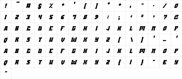 Halloween Hex Italic  glyph index
