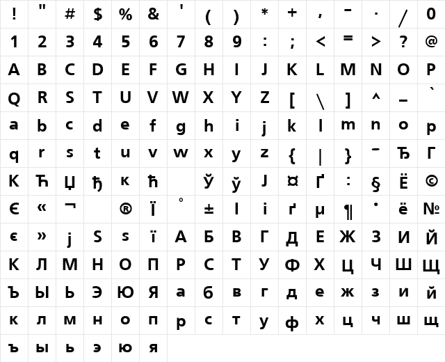 FreeSet Bold  glyph index