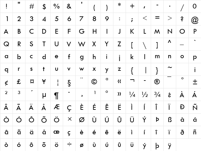 Tw Cen MT Medium  glyph index