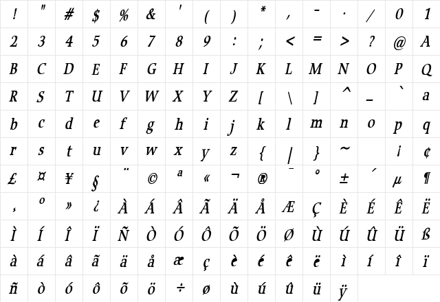 Carmine Condensed Bold Italic  glyph index