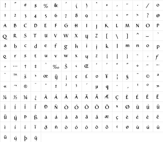 Caterina Bold  glyph index