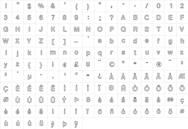 AG Book Rounded Medium Outline  glyph index