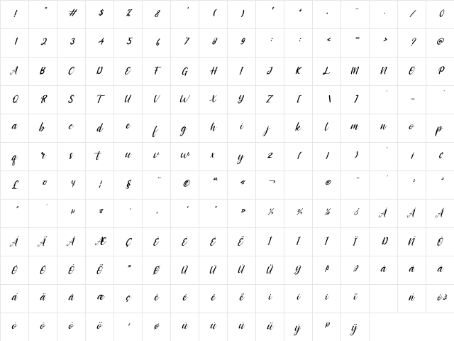 Adriana Italic Regular  glyph index