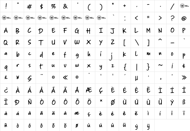 Sticky Notes Regular  glyph index