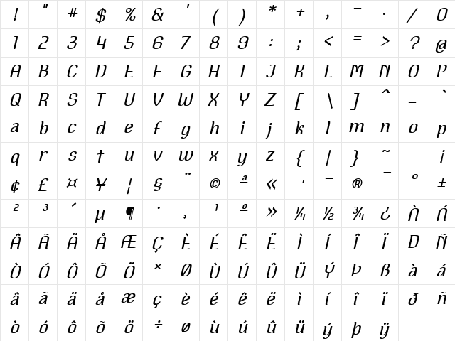 Square Antiqua Oblique  glyph index