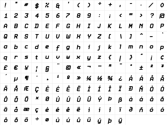 Expo Regular  glyph index