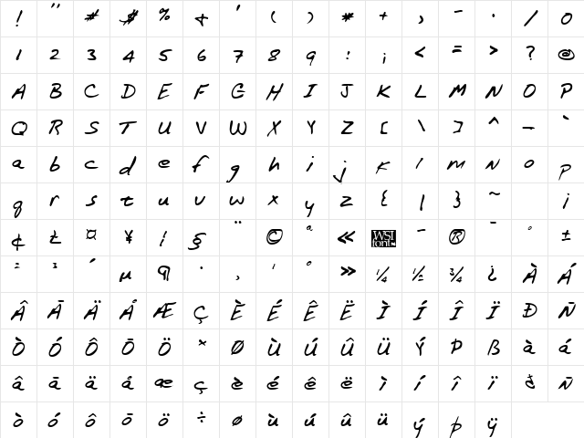 LannysHand Regular  glyph index