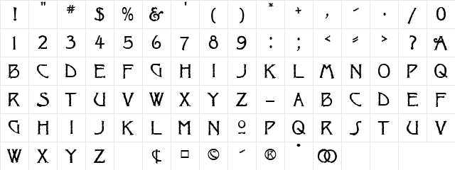 Jagged Regular  glyph index