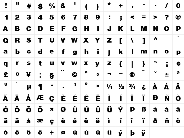 Helvetica95-Black Black  glyph index