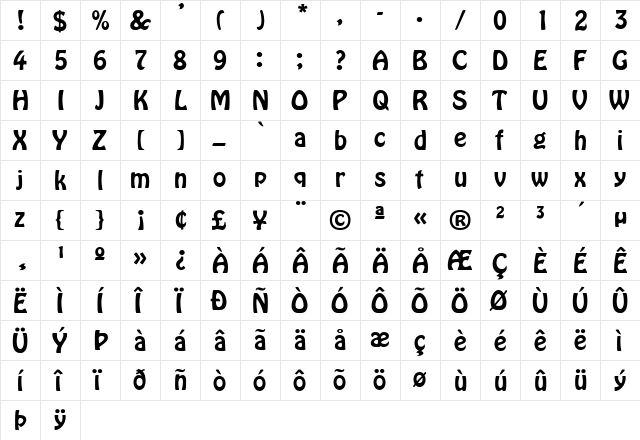 HomewardBound Regular  glyph index
