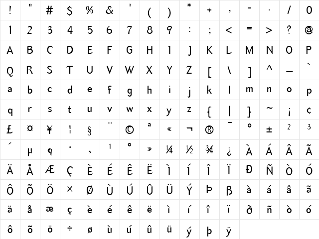 TemaCantanteSans Regular  glyph index