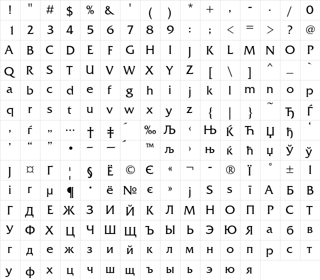 FrizQuadrataC Regular  glyph index