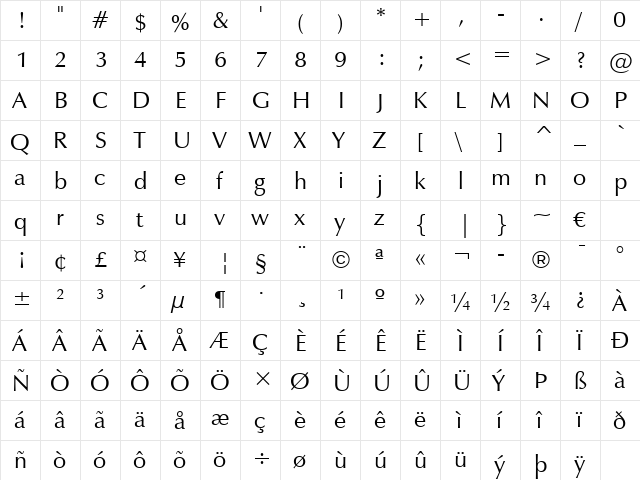 JTI Regular  glyph index