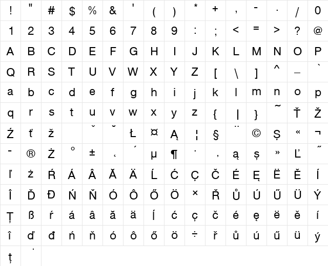 NimbusSanNo5TEE Regular  glyph index
