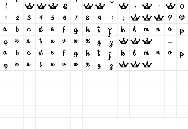 PrincessCards Regular  glyph index