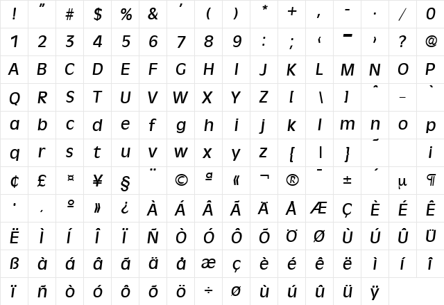 Ravenna-Serial-Medium RegularItalic  glyph index