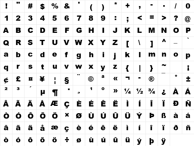 Arial Black Regular  glyph index