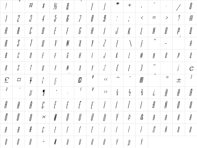 Slim-Jim-Extended Italic  glyph index