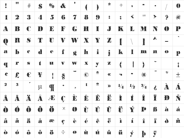 BodoniBrokenGlass Regular  glyph index