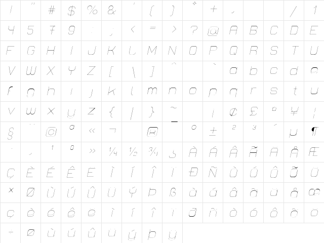 Lastwaerk thin Oblique  glyph index