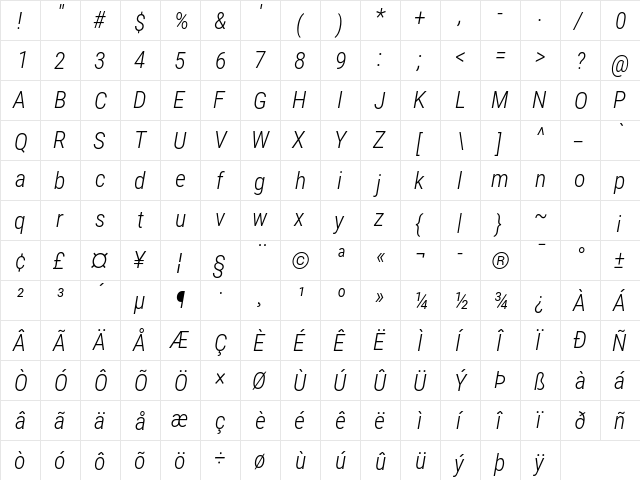 Roboto Condensed Light Italic  glyph index