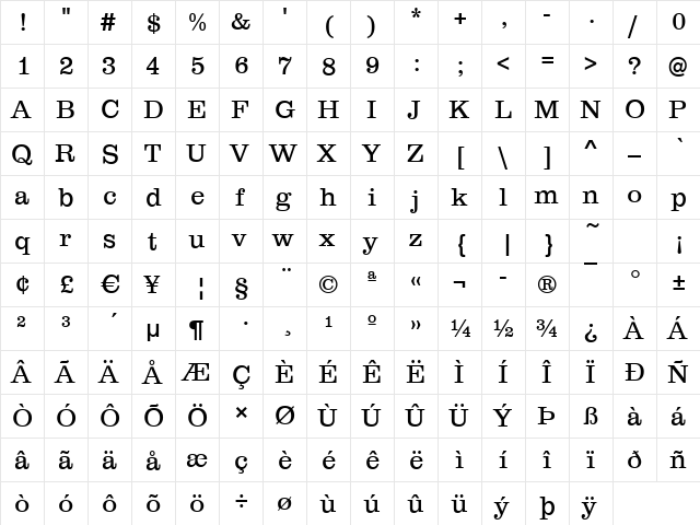 Clare-Light Regular  glyph index