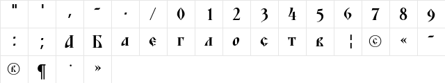 BlagovestFourSerifC Regular  glyph index