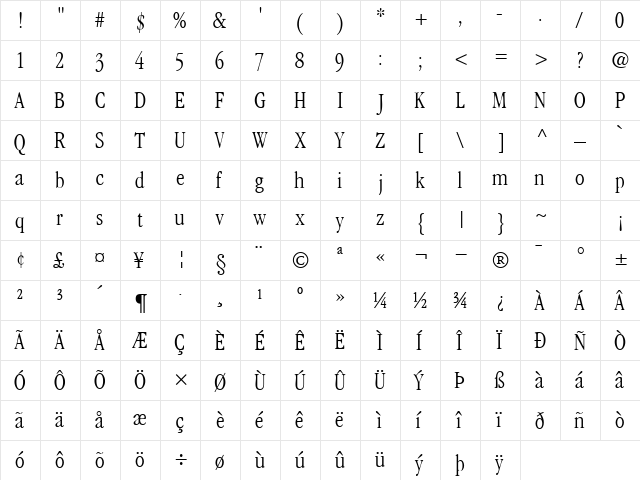 GaramondLightCondSSK Regular  glyph index