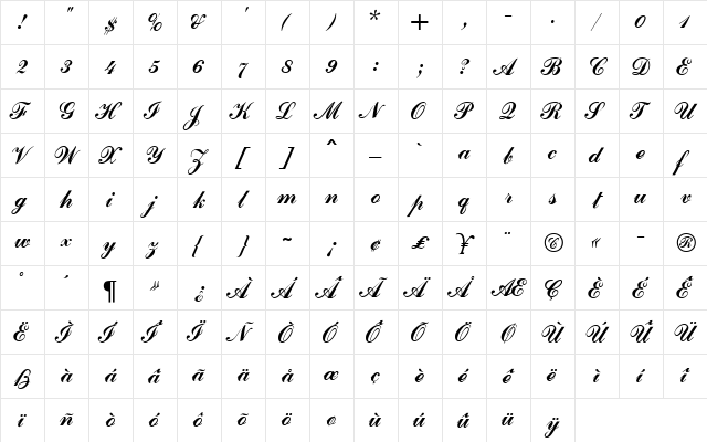 Commercial Script MN Regular  glyph index