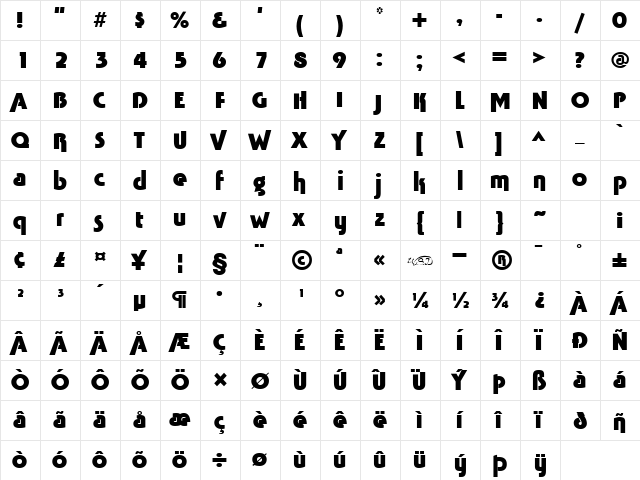 TabathaHeavy normal  glyph index