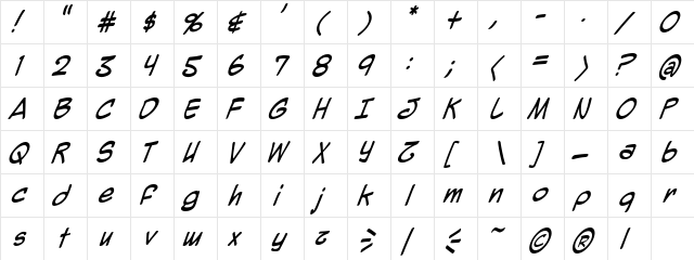 Mighty Zeo Italic  glyph index
