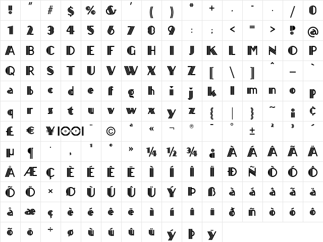 Titanick Display NF Regular  glyph index