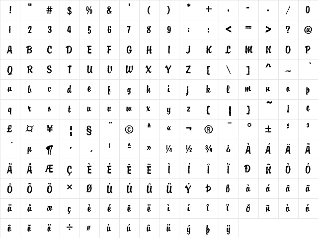 DTC Brody M42 Regular  glyph index