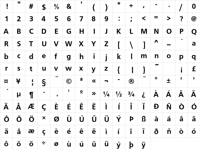 CartoGothic Std Bold  glyph index